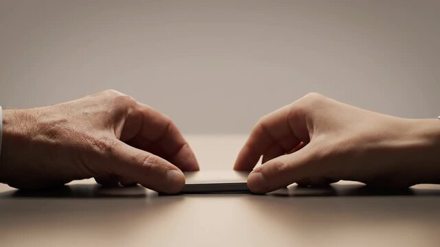 Two hands, one male and one female, resting on a thin electronic device on a table, suggesting interaction or connection.