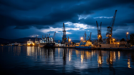 Fototapeta premium View of sea port at night, cranes for loading cargo on ships, beautiful sky, maritime operations, industrial harbor, defocused background, with copy space