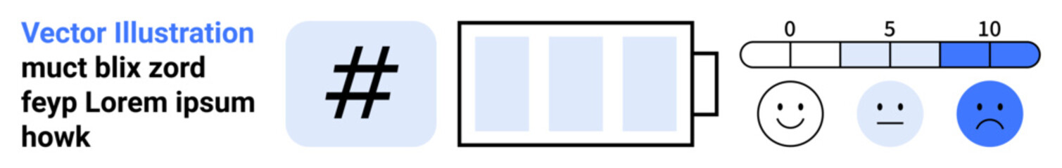 Obraz premium Battery charge indicator alongside emotional rating scale ranging from happy to sad, showcasing satisfaction score. Ideal for feedback systems, energy levels, productivity, mood tracking, mental