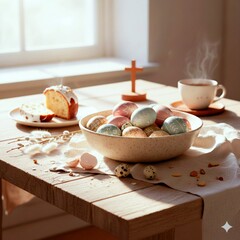 breakfast on the table, traditional Easter dishes, Easter decor in the slow living style