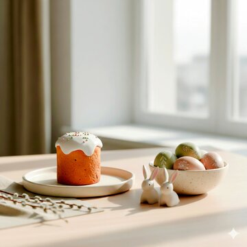   breakfast on a table, Easter attributes in the slow living style