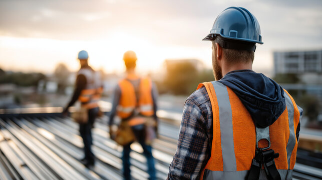 Faceless construction workers wearing safety equipment while working at height, industrial project scene, fall arrestor device visible, safety body harness on roof structure, with