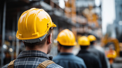 Close-up of faceless construction workers wearing safety equipment, industrial project scene, protective gear visible, workplace safety concept emphasis, with copy space