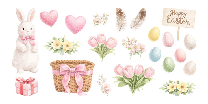Watercolor Easter elements set isolated on white background. Cute bunny, pastel eggs, flowers, feathers, basket and gift. Soft spring illustration for cards, invitations, packaging and holiday design.