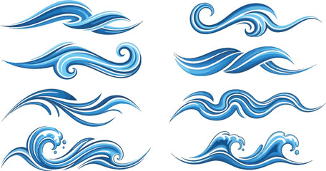 Collection of stylized blue wave swirl icons and decorations