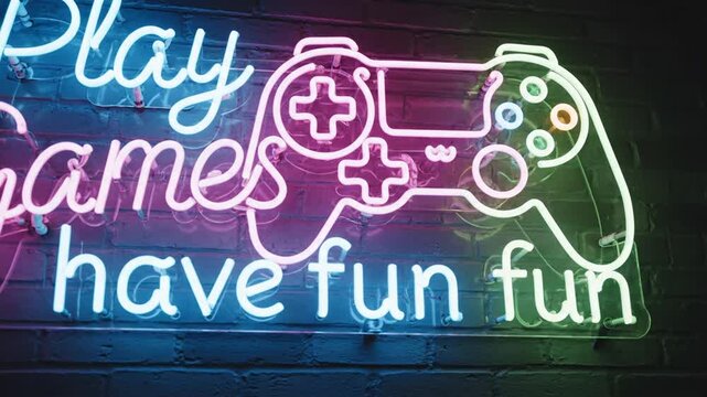 Vibrant neon sign with game controller on dark brick wall