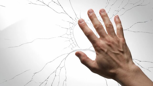 A human hand pressing against a white surface, causing a pattern of radiating cracks, symbolizing impact or fragility.