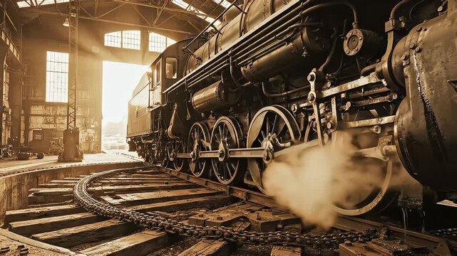 Vintage steam locomotive on a turntable inside an old industrial roundhouse with sunlight streaming through windows and steam billowing from the engine