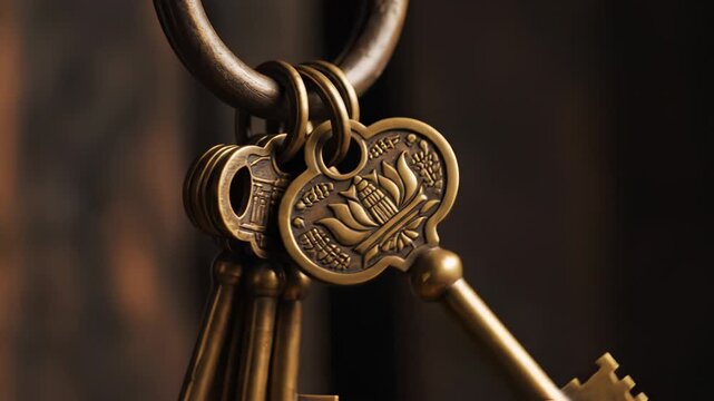 Antique Brass Skeleton Keys Attached to a Large Metal Ring Hanging in a Dark Environment Detailed Ornate Design of Floral and Building Motifs on Key Tops Soft Focus Background Evokes Mystery and