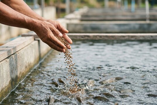 A fish farmer's hands scatter pellet feed into the water for a school of fish in an aquaculture pond.
