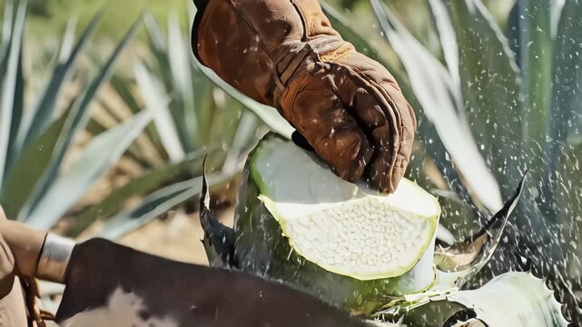 Close up of a Jimador harvesting Blue Agave heart with a Coa tool for Tequila production in a field