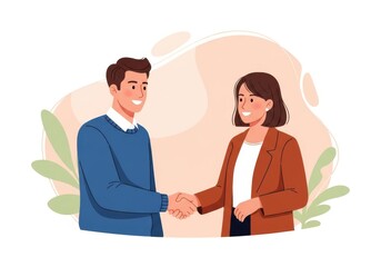 A cartoon illustration of a man and woman shaking hands in a friendly greeting with green leaves