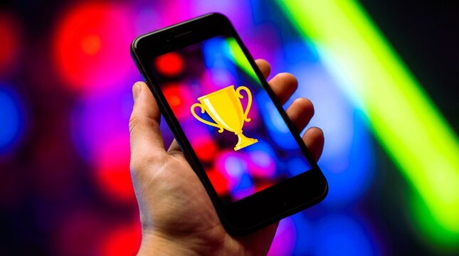 Mobile sports gaming application showcasing digital trophy achievement for competitive esports tournament victory and online gaming platform user engagement gamification strategy implementation.