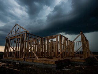 Fototapeta premium Unfinished wooden structure exposed to rain and gloomy sky, representing the housing market crisis or project abandonment.
