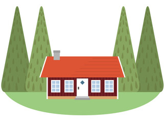 Minimalist house icon with nature background--北欧の田舎風のコテージと針葉樹のフラットデザインの背景素材