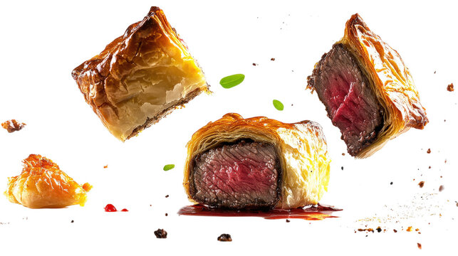 Delicious slices of beef wellington with flaky crust and sauce splatters