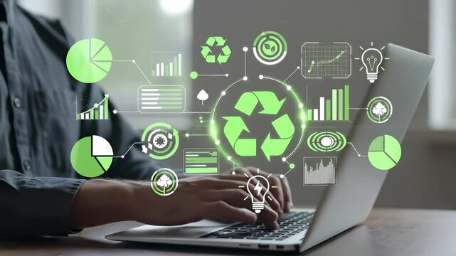 Digital sustainability concept with recycling symbol and eco icons above a laptop. Environmental analytics, green energy management and circular economy data for corporate esg strategy.