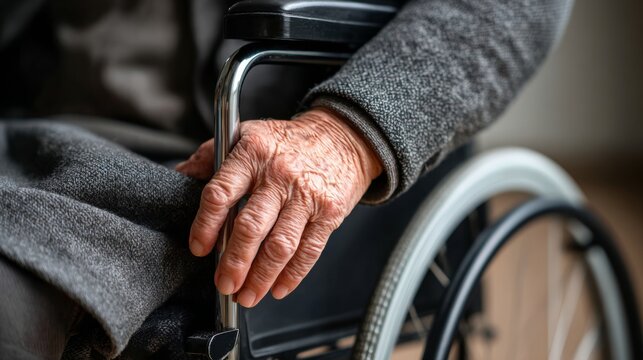 Elderly senior person's wrinkled hand resting on a wheelchair, showing aging, support, and dependence