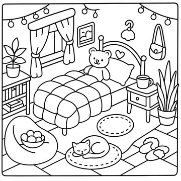 An isometric black and white line drawing depicts a cozy, decorated bedroom scene featuring a made bed with a teddy bear and a sleeping cat.