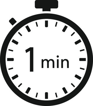 Minimalist black and white stopwatch illustration showing one minute countdown, timer icon design for exercise, cooking, testing, urgency