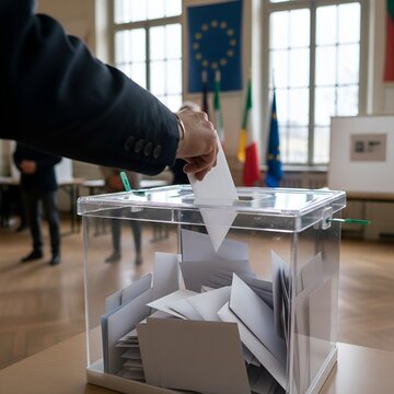 Main d&eacute;posant un bulletin de vote dans une urne transparente lors d'une &eacute;lection d&eacute;mocratique en France et en Europe