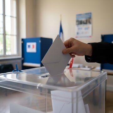 Main d&eacute;posant un bulletin de vote dans une urne transparente lors d'une &eacute;lection d&eacute;mocratique en France