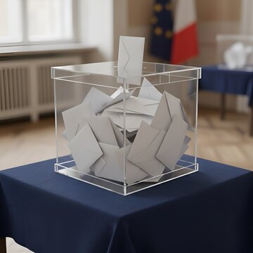 Urne &eacute;lectorale transparente remplie de bulletins de vote d&eacute;pos&eacute;s sur une table lors d'un scrutin officiel