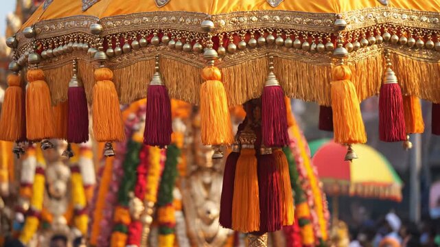 Vibrant Festival Procession with Ornate Golden Umbrella and Richly Decorated Floats Featuring Red and Yellow Tassels and Bells Bathed in Warm Sunlight