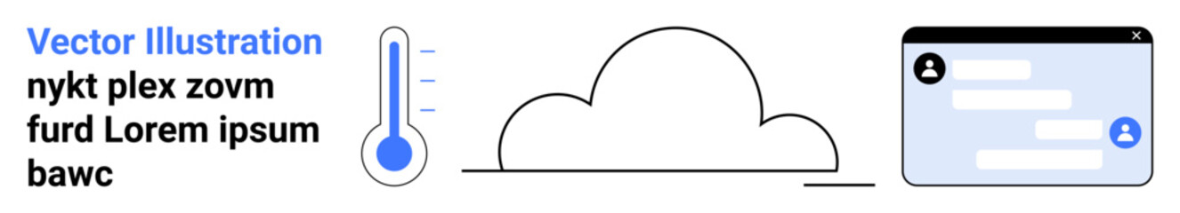 Fototapeta premium Weather forecasting, cloud technology, online communication, temperature monitoring, data visualization, digital tools. Minimal thermometer, cloud and chat window. Weather forecasting and cloud