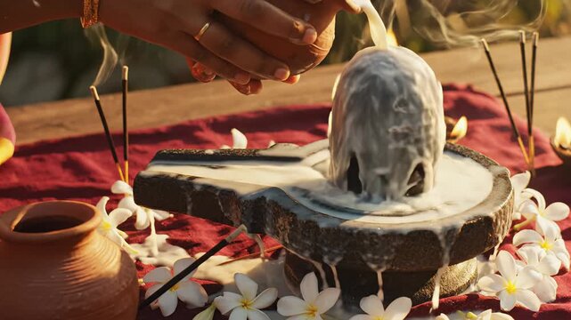 Anointing Shiva Lingam with Milk and Flowers During a Sacred Ritual Ceremony With Incense Smoke and Oil Lamps Creating a Spiritual Atmosphere With Warm Sunlight
