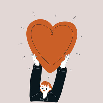 Cartoon vector illustration of a woman holding a large heart, symbolizing love, care, and emotional connection