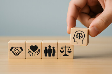 Building blocks representing legal concepts like justice ethics and human rights