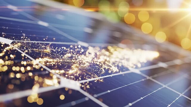 Solar panels with sunlight bokeh and light sparkles. Renewable energy technology concept for sustainable photovoltaic electricity generation and clean power production with environmental efficiency