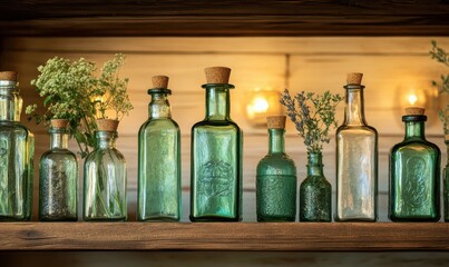 Elegant row of green glass bottles filled with herbs and spices, arranged on a rustic wooden shelf with soft golden light creating a natural and organic aesthetic