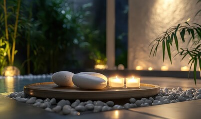 Elegant spa setup with smooth white stones, a bamboo tray, and flickering candles, soft ambient lighting creating a relaxing atmosphere