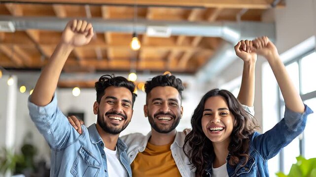 A joyful group of young adult men and women raises their arms together celebrating shared success and friendship inside a modern office space