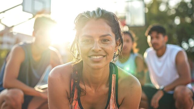 A determined female basketball player crouches on the court with teammates preparing for a competitive game