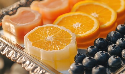 Elegant tray of assorted fruit soaps arranged with vibrant orange slices and blueberries, their glossy finishes and soft lighting creating a fresh and luxurious look