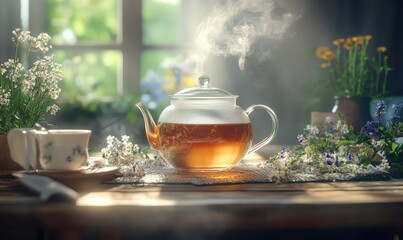 Elegant tea setup featuring a glass teapot with steaming herbal tea, surrounded by delicate flowers on a rustic wooden table illuminated by diffused natural light