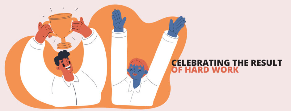 Cartoon vector illustration of people celebrating with hands raised and a trophy, symbolizing victory, achievement, and teamwork