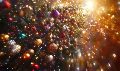 Festive Christmas tree decorated with colorful ornaments and shimmering lights, creating a cozy holiday ambiance under warm golden glow