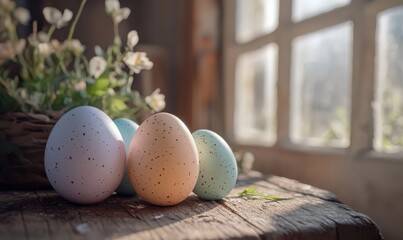 Festive Easter eggs in vibrant pastel colors, placed on a rustic wooden table under soft natural light for a cheerful holiday setup