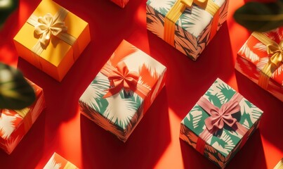 Festive flat lay of colorful gift boxes wrapped in bold patterns, placed on a red background with soft glowing light creating a cheerful holiday atmosphere