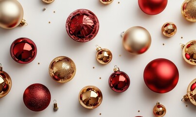 Festive flat lay of shiny red and gold ornaments scattered on a white surface, soft natural lighting highlighting their reflections for a holiday theme