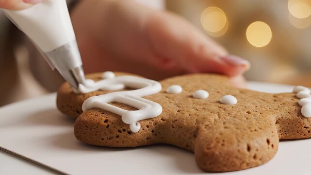Gingerbread cookie decorating process with icing, showcasing intricate designs being applied, camera captures the action with a smooth zoom in