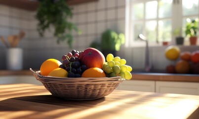 Fresh basket of colorful fruits including apples, oranges, and grapes, placed on a wooden kitchen counter with natural morning light