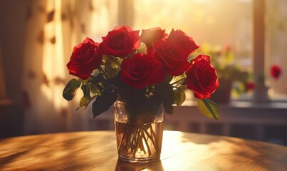 Fresh garden roses in deep red tones arranged in a simple glass vase, placed on a wooden table with soft golden sunlight for a romantic atmosphere
