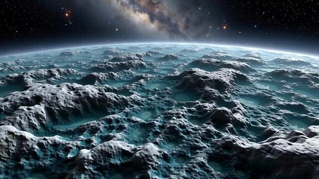 Singularity Concept Stunning Celestial Landscape with Rocky Terrain and Starry Night Sky Above a Distant Planet