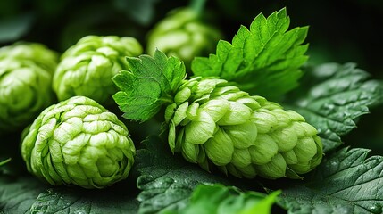 Fototapeta premium Fresh Green Hop Cones Surrounded by Green Leaves Ready for Harvesting