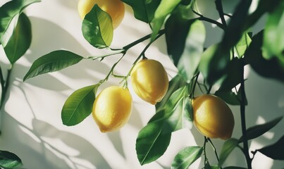 Fresh lemons with green leaves arranged on a white background, vibrant yellows contrasting with soft natural lighting for a zesty and refreshing look